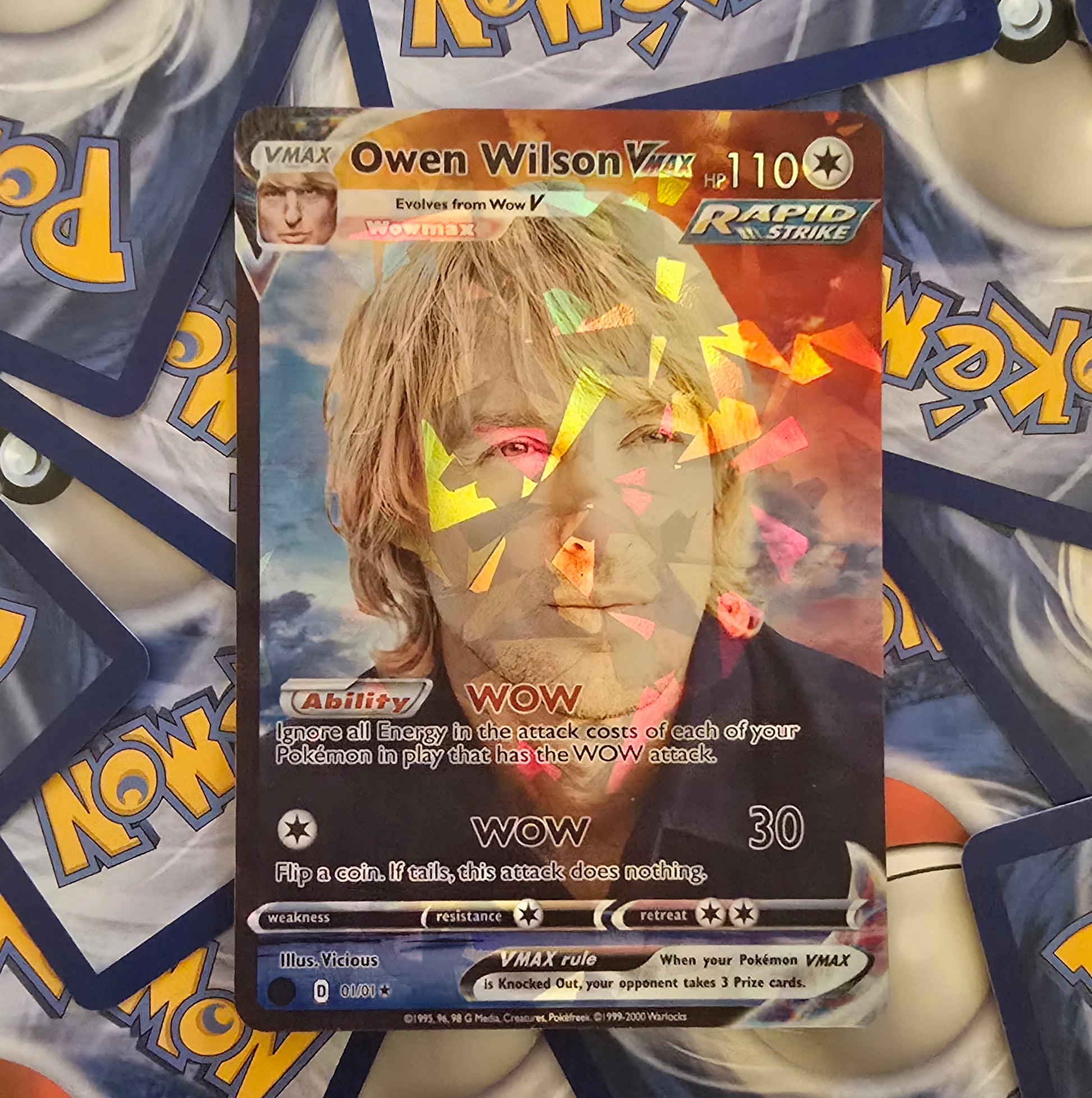 Pokémon trading card featuring Owen Wilson with colorful overlay on a Pokémon-themed background.